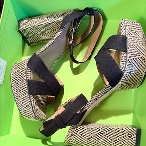 Sam Edelman Black Strappy Platform Sandals with Natural Woven Platform